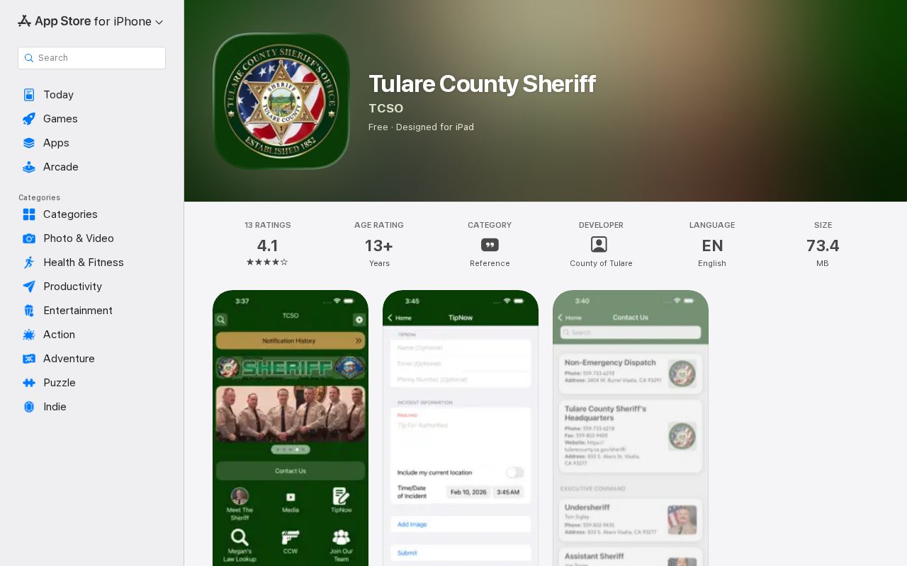 Tulare County Sheriff app listing used as a mobile inmate-search channel