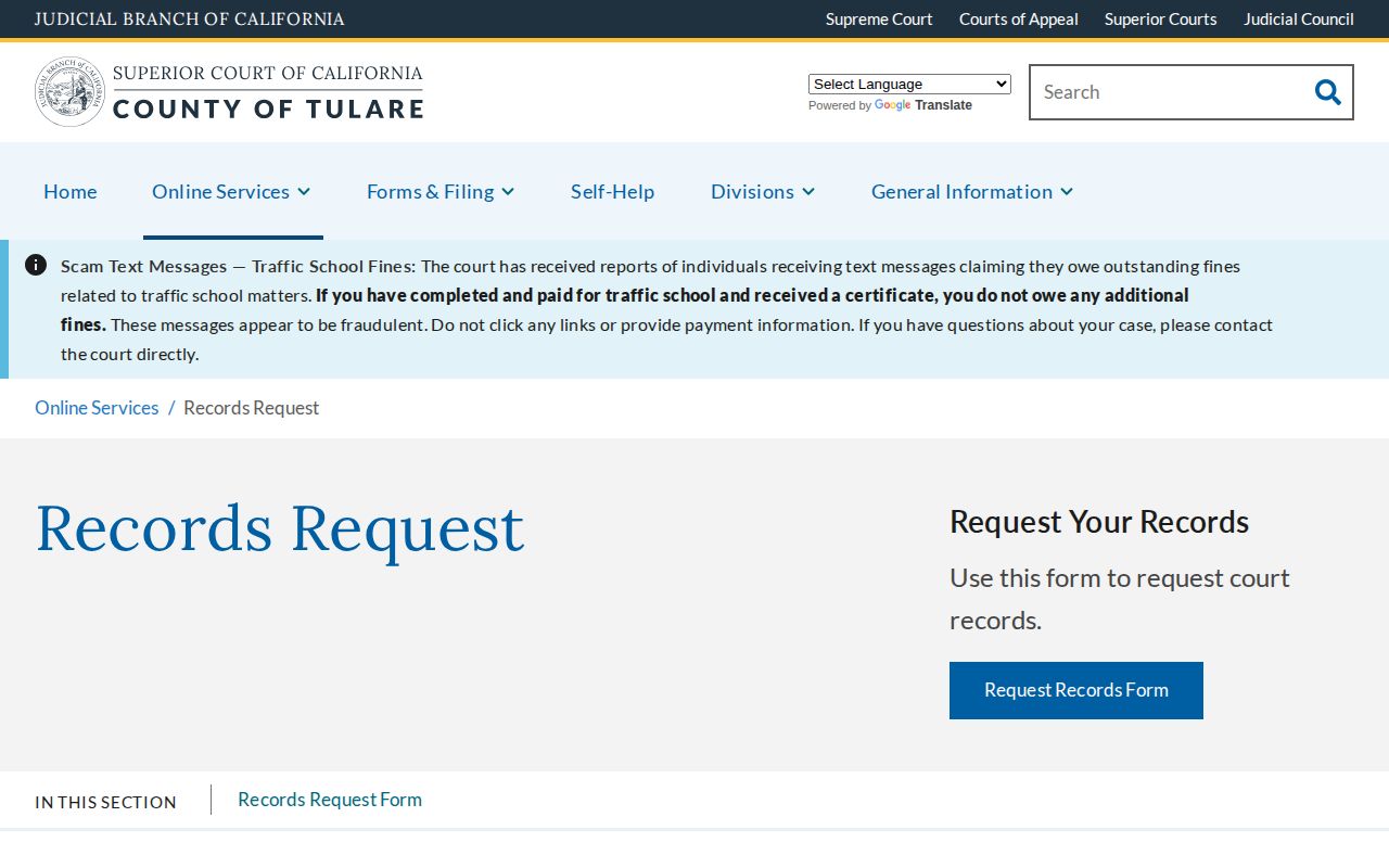 Tulare Superior Court records request page for release-confirming court records