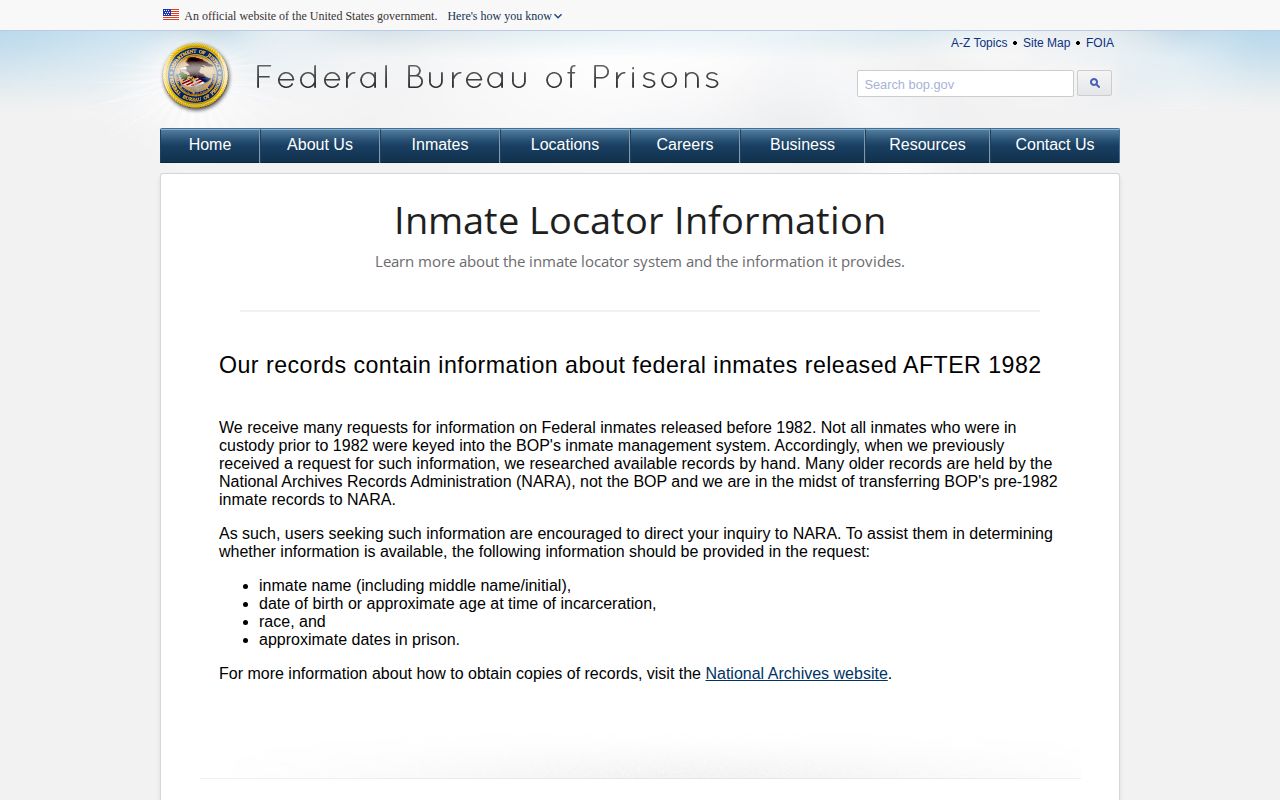 BOP release date explanation for federal inmate records