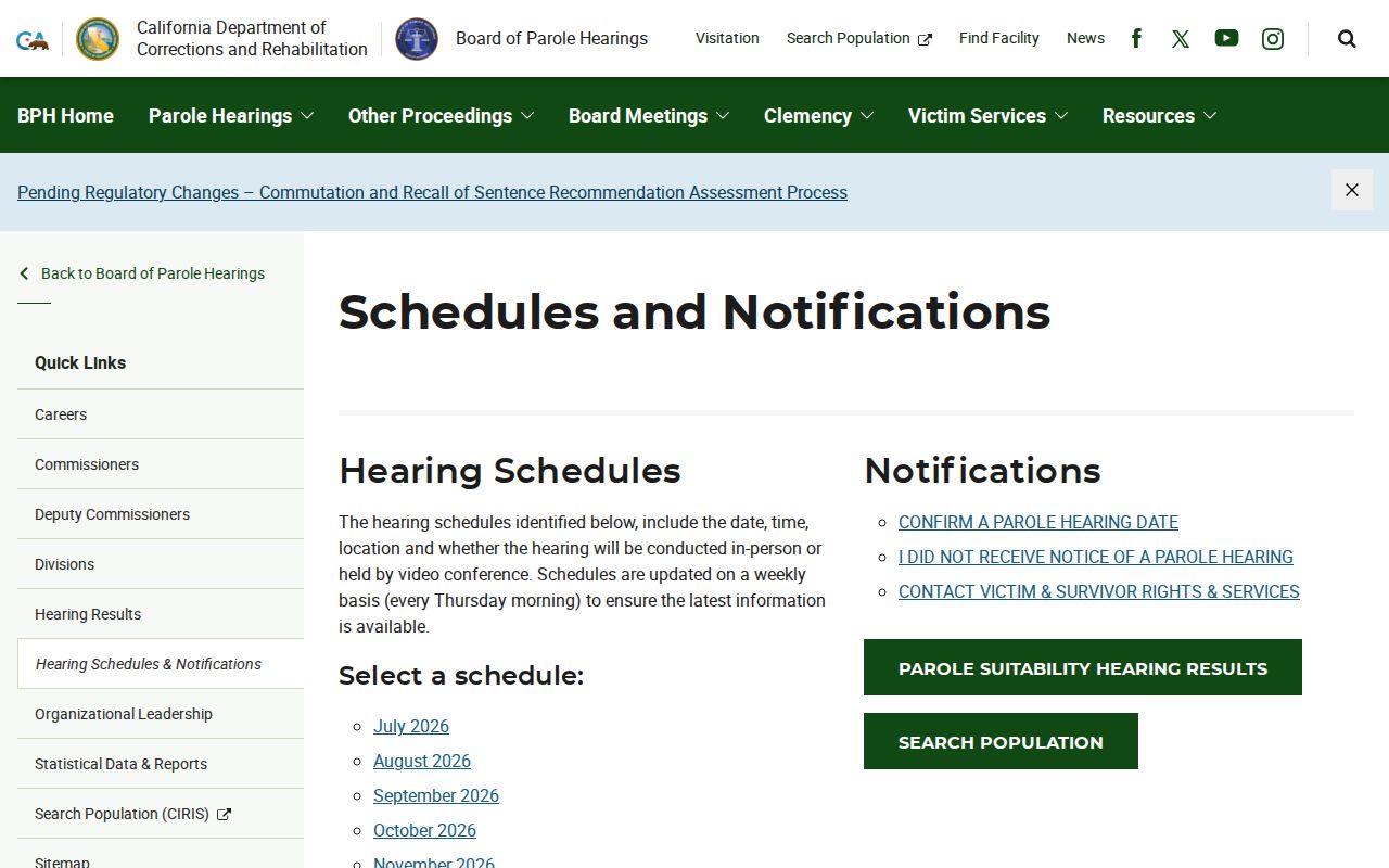 California Board of Parole Hearings schedule for Tulare County release research
